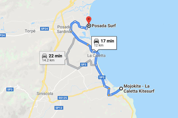 From kitesurf spot Mojokite school to kitesurf spot Posada in Sardinia